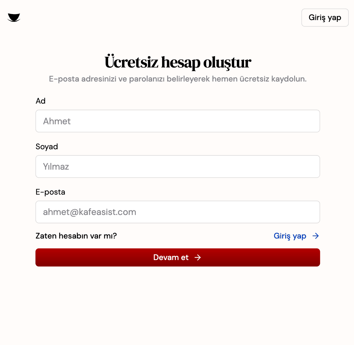 kafeasist kayıt ekranı